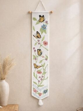 1960s Butterfly Floral Wall Hanging Tapestry 36” Embroidered Boho Decor